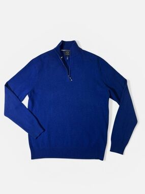 Qi Cashmere mens L Large blue solid 100% cashmere 1/4 zip pullover sweater EUC